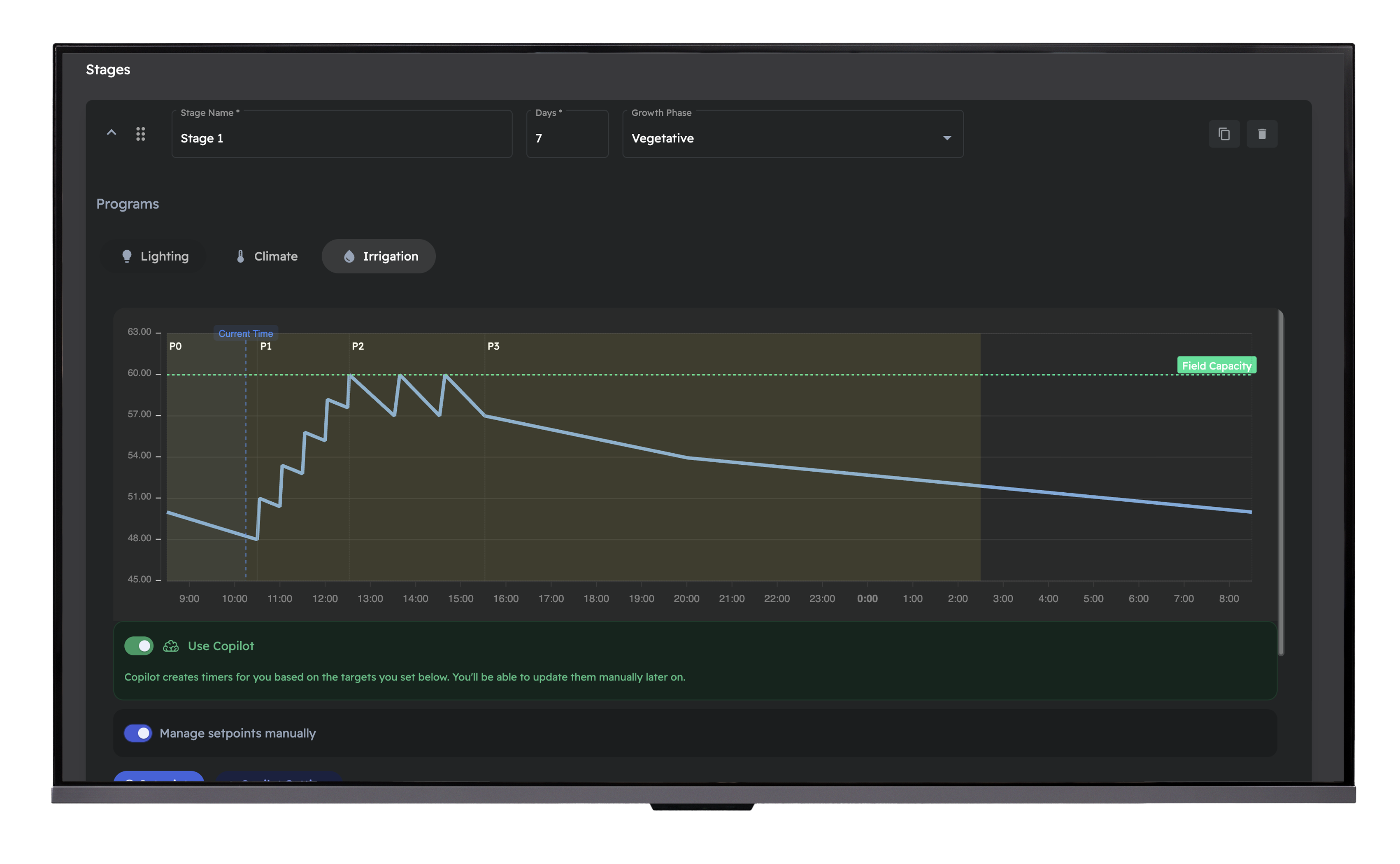 Growlink OS Blueprint editor — irrigation strategy with dryback targets, shot timing, and EC